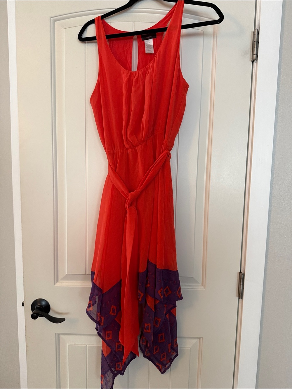 mark. Red Sleeveless Asymmetrical Handkerchief Hem Dress with Purple Print